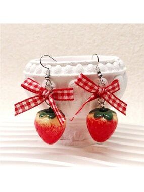 Strawberry Charm Dangle Earrings with Red Gingham Bow